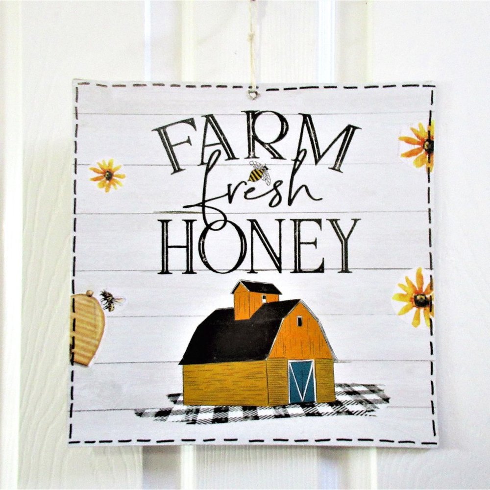 NEW farmhouse Farm Fresh Honey bees barn hanging sign 11" x 11"